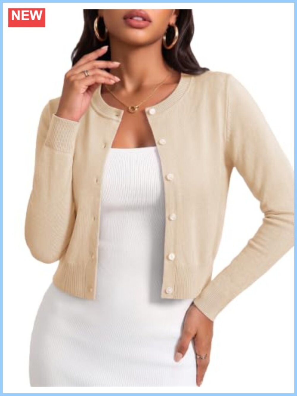 Womens Cropped Cardigan Lightweight Knit Sweater Crew Neck Long Sleeve Shrug